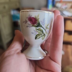Vintage Floral Porcelain Egg Cup - Pink Rose Gold Trim